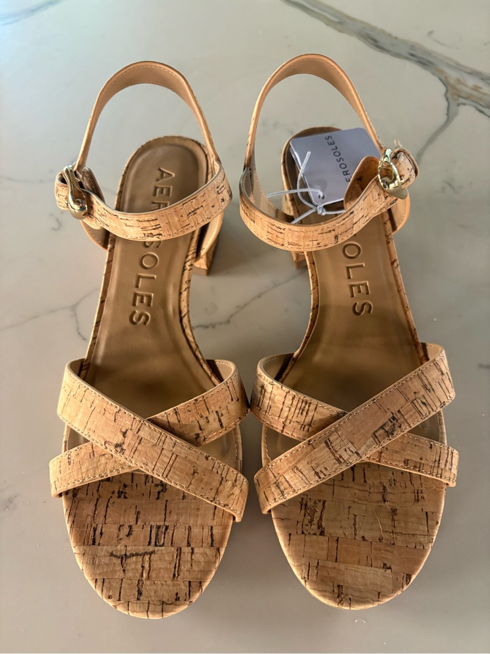 AEROSOLES Cork-Textured Tan Cinzia Block Heeled Strappy Sandals NWT